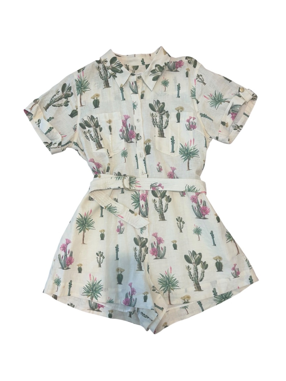 Kivari Cream Cactus Print Short Romper with D ring belt
